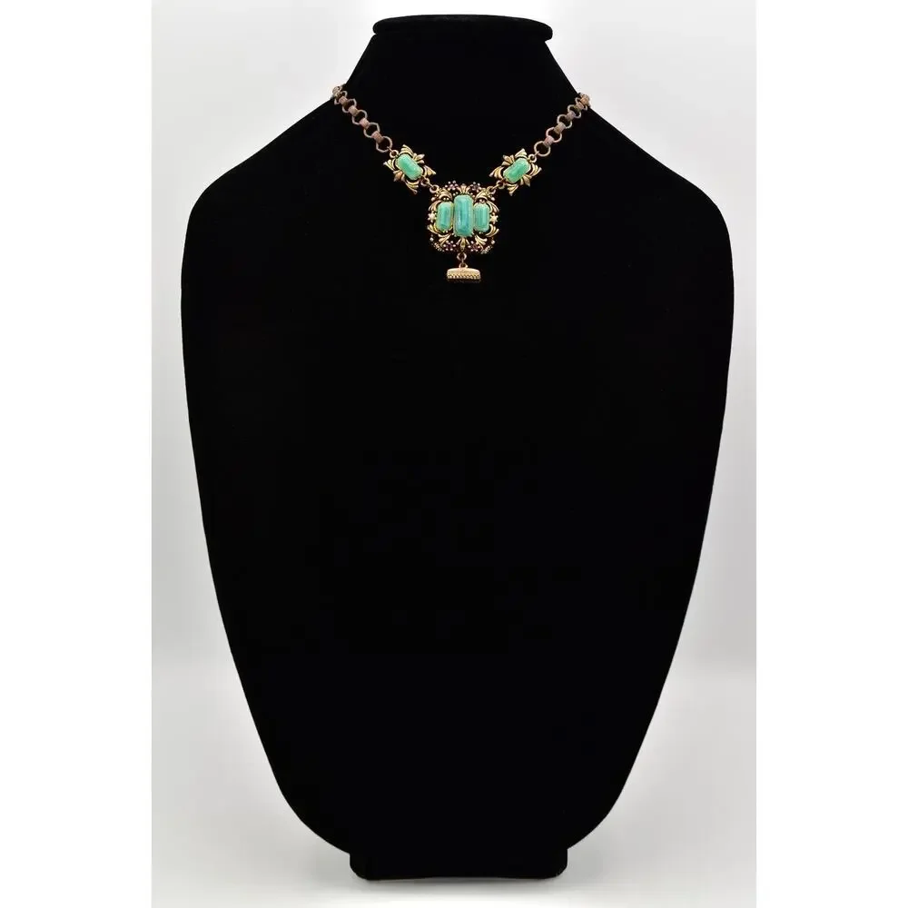Vintage Collar Necklace Green Cabochon Antiqued Brass Gold Chunky Heavy BinA17